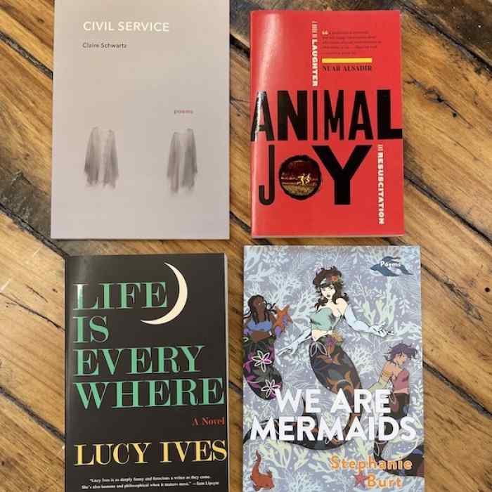 Book array featuring CIVIL SERVICE, ANIMAL JOY, LIFE IS EVERYWHERE, and WE ARE MERMAIDS