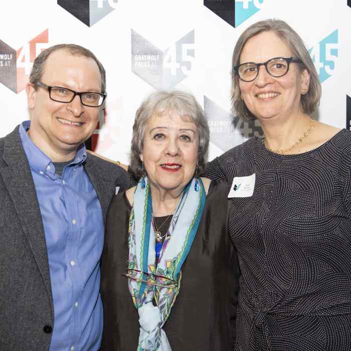 Jeff Shotts, Tess Gallagher, and Fiona McCrae celebrating Graywolf's 45th anniversary