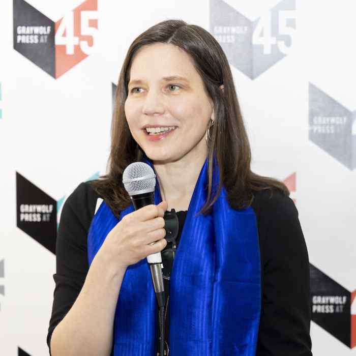 Mary Szybist speaking at a party to celebrate Graywolf's 45th anniversary in Portland