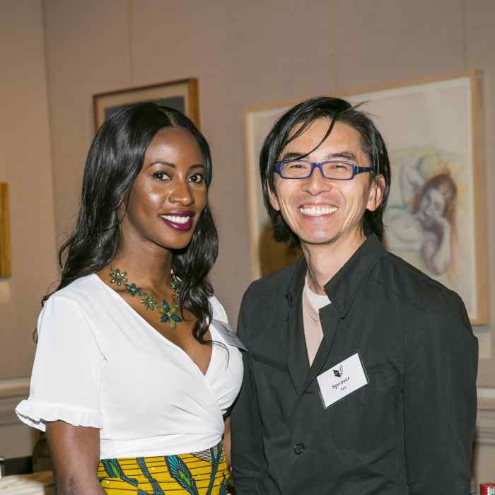 Graywolf author Wayetu Moore and FSG sales director Spenser Lee at the Graywolf Literary Soiree