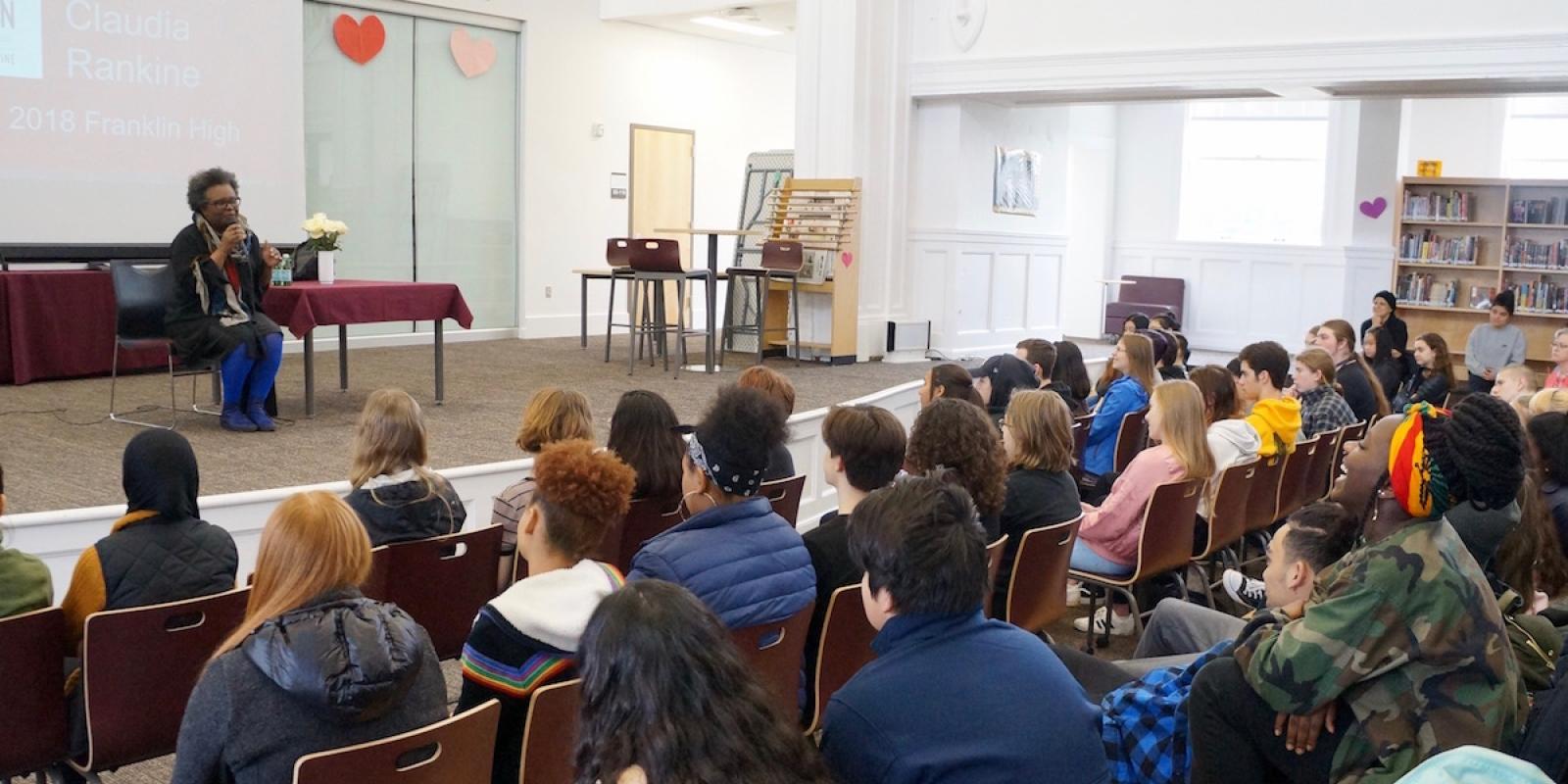 Claudia Rankine speaking to high school students in Portland